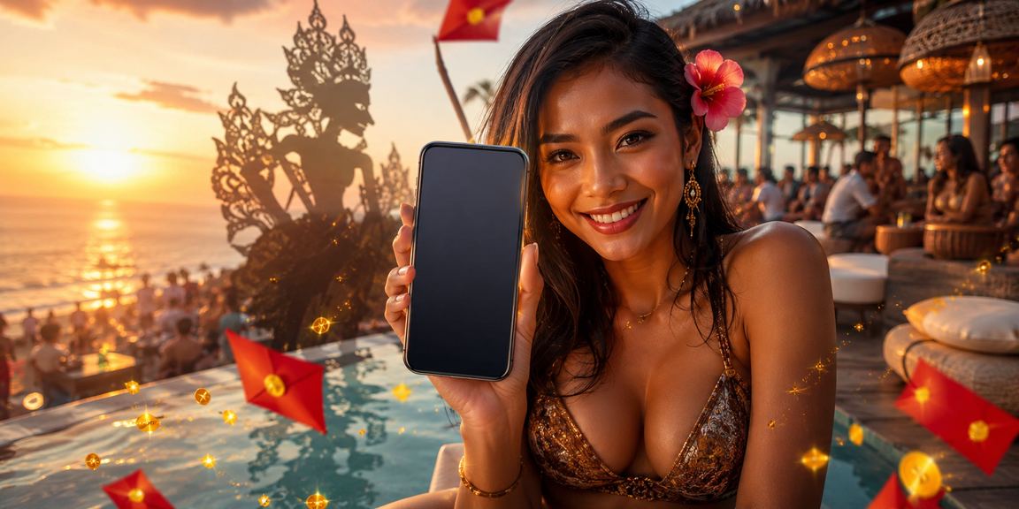 Pengguna membuka bonus amplop merah di pantai dengan suasana liburan cerah