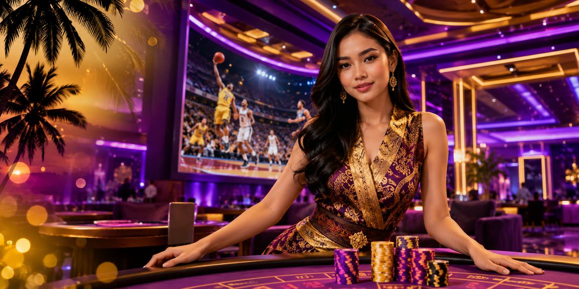 Layar neon besar menampilkan taruhan basket dengan suasana malam yang meriah